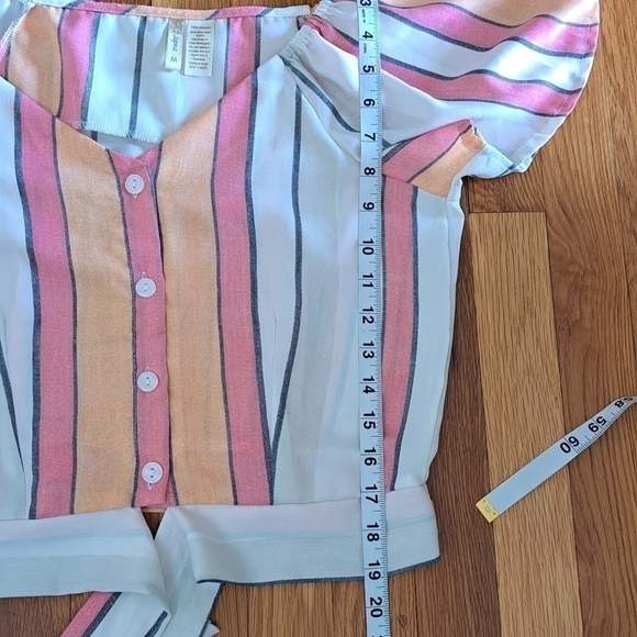 Japna Med Striped Creamsicle Short Sleeve Tie Waist Cropped Top  Blouse V-neck - Picture 10 of 10